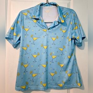 Blue Polo Shirt with Yellow Cocktail Print